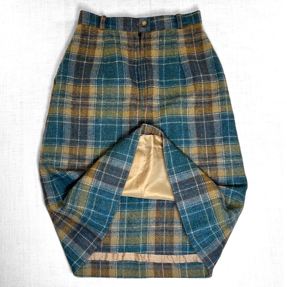 VTG G.T. Boston Midi Skirt Size‎ 6 Blue Plaid Wool Blend 24x25" Lined Pencil USA